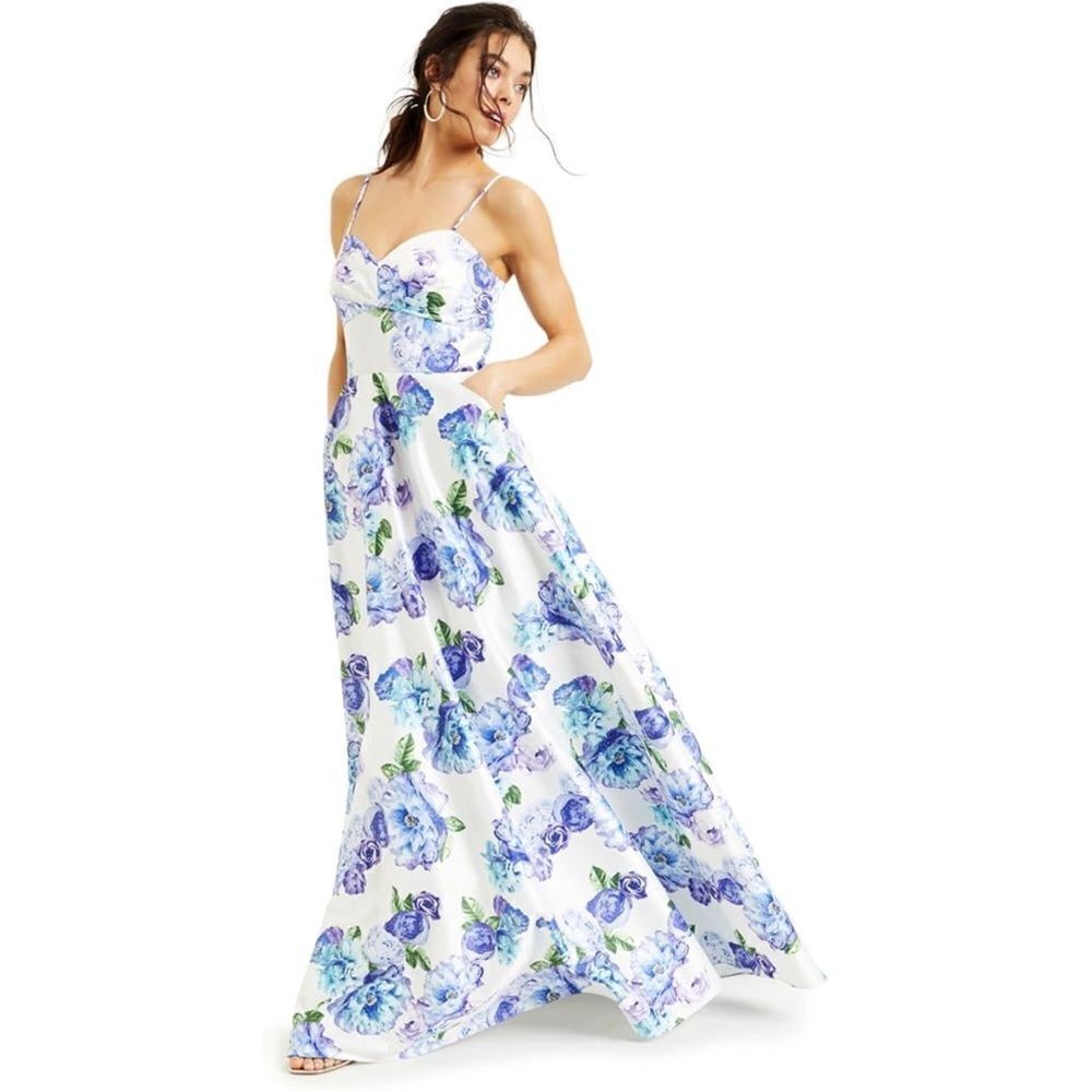 City Studio Juniors White Floral Spaghetti Strap Full-Length Formal Dress Size 7